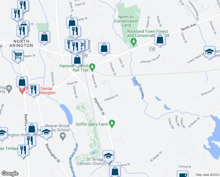 map of restaurants, bars, coffee shops, grocery stores, and more near Stonegate Square in Abington