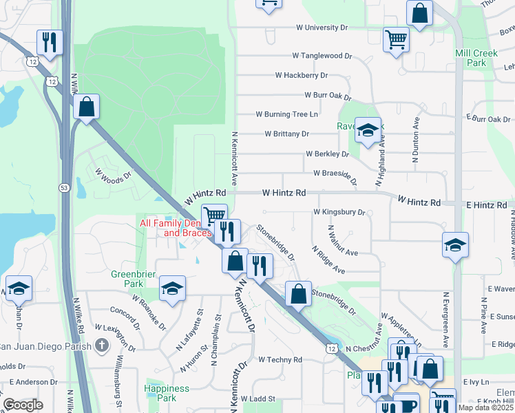 map of restaurants, bars, coffee shops, grocery stores, and more near 744 West Kingsbury Drive in Arlington Heights