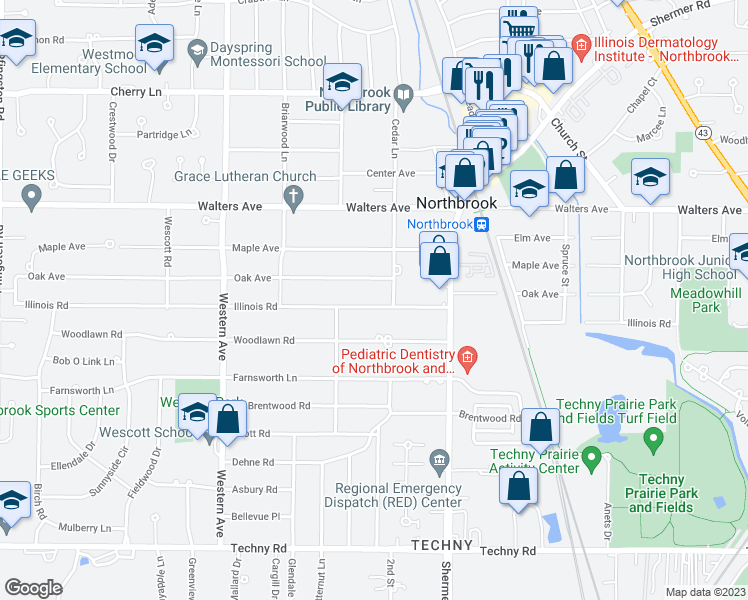 map of restaurants, bars, coffee shops, grocery stores, and more near 2114 Illinois Road in Northbrook