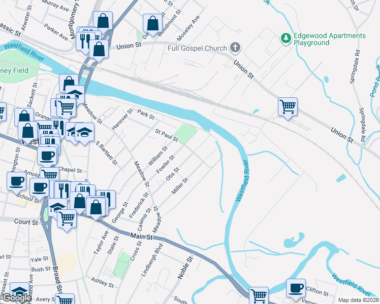 map of restaurants, bars, coffee shops, grocery stores, and more near 104 Otis Street in Westfield