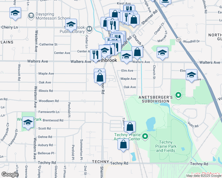 map of restaurants, bars, coffee shops, grocery stores, and more near 1923 Oak Avenue in Northbrook