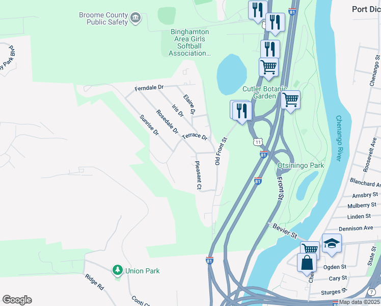map of restaurants, bars, coffee shops, grocery stores, and more near 27 Rosedale Dr in Binghamton