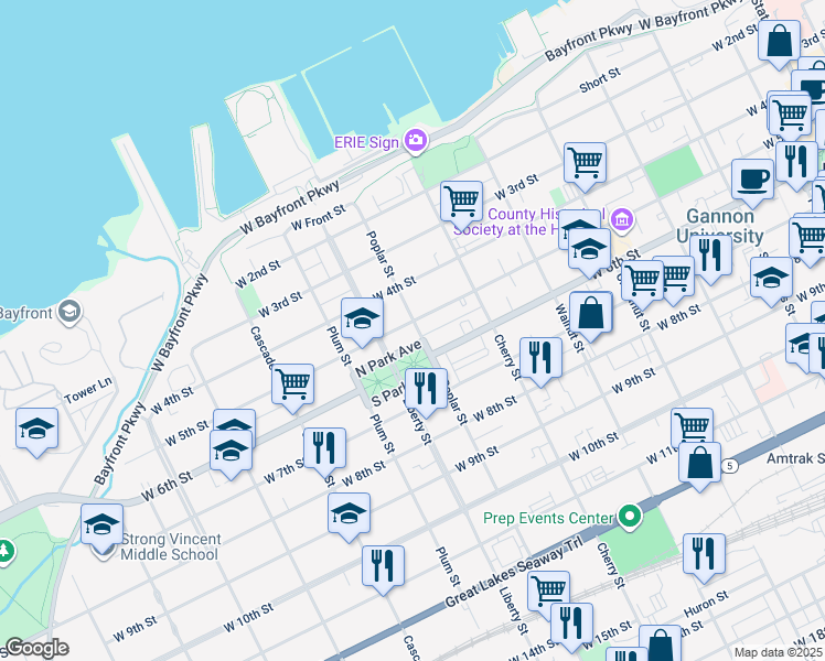 map of restaurants, bars, coffee shops, grocery stores, and more near 504 Poplar St in Erie