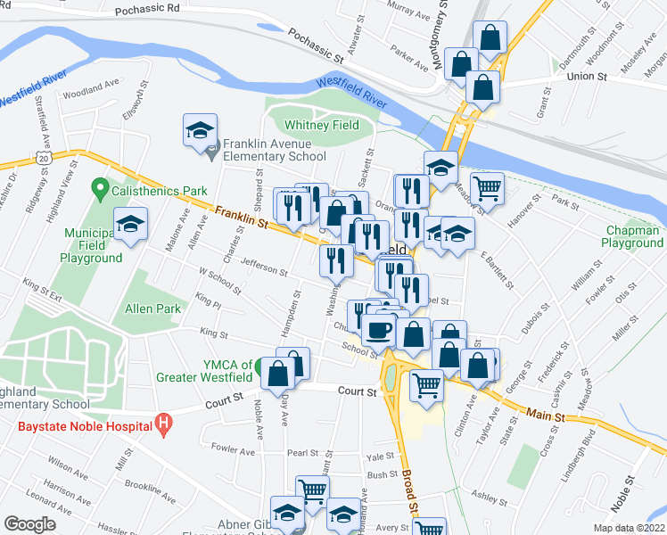 map of restaurants, bars, coffee shops, grocery stores, and more near 62 Washington St in Westfield