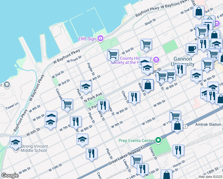 map of restaurants, bars, coffee shops, grocery stores, and more near 632 34 W 6 St in Erie
