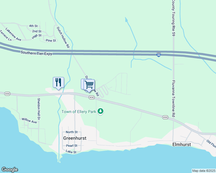 map of restaurants, bars, coffee shops, grocery stores, and more near 107 Greenhurst Village Drive in Jamestown