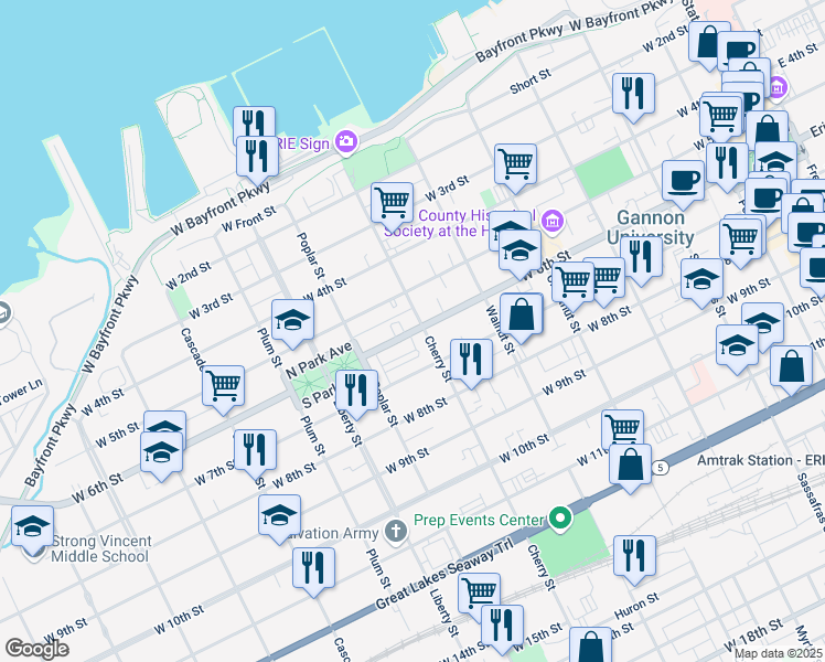 map of restaurants, bars, coffee shops, grocery stores, and more near 608 West 6th Street in Erie