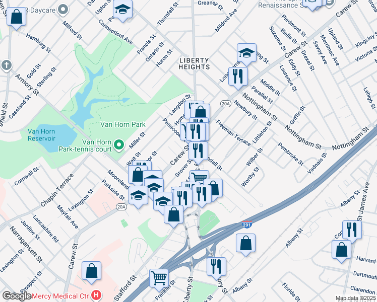 map of restaurants, bars, coffee shops, grocery stores, and more near 735-737 Carew Street in Springfield