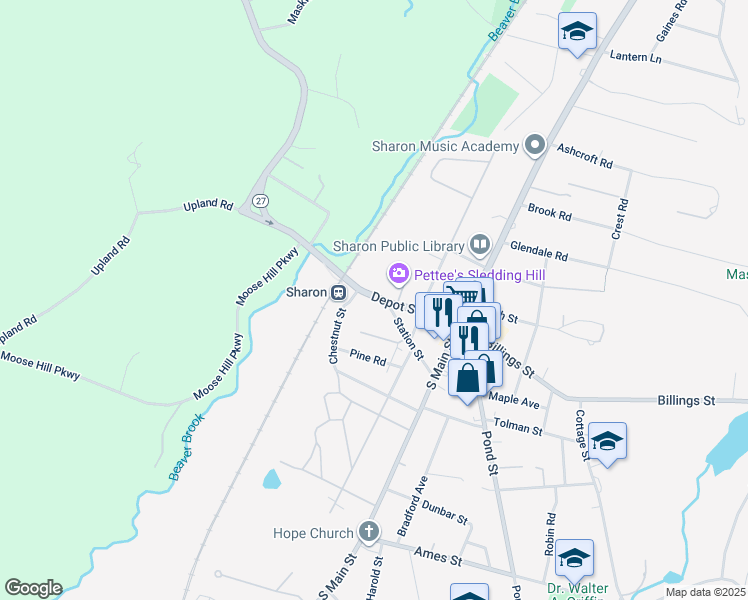 map of restaurants, bars, coffee shops, grocery stores, and more near 48 Depot Street in Sharon