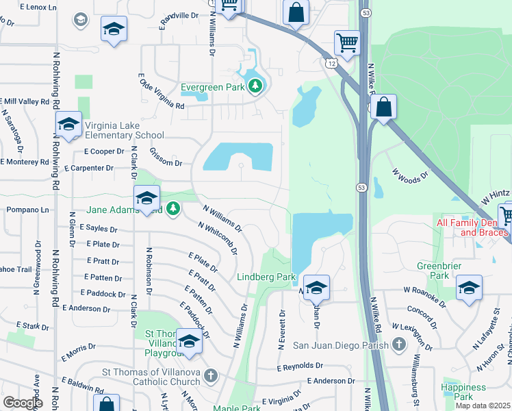 map of restaurants, bars, coffee shops, grocery stores, and more near 1308 East Thurston Drive in Palatine