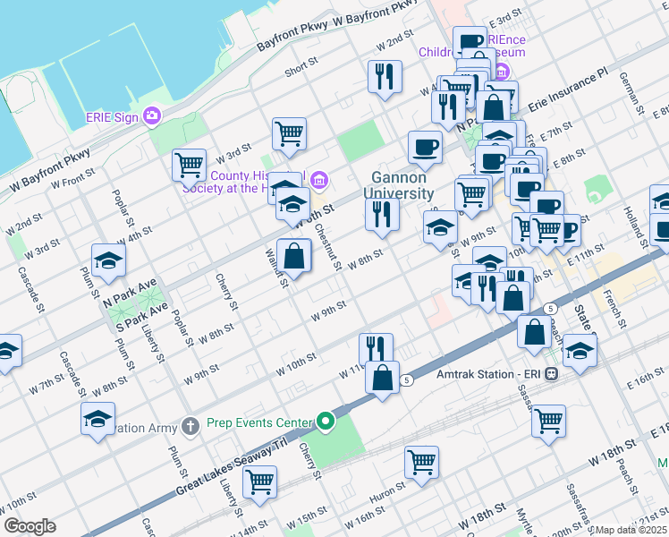 map of restaurants, bars, coffee shops, grocery stores, and more near 402 West 8th Street in Erie