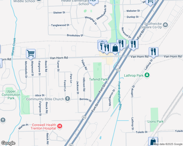 map of restaurants, bars, coffee shops, grocery stores, and more near 3328 Tomson Street in Trenton