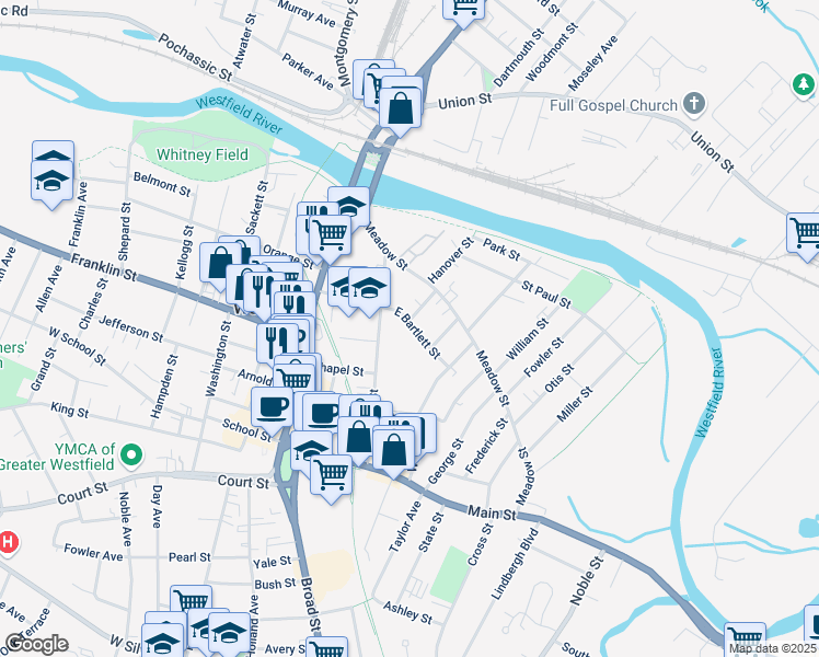 map of restaurants, bars, coffee shops, grocery stores, and more near 19 East Bartlett Street in Westfield