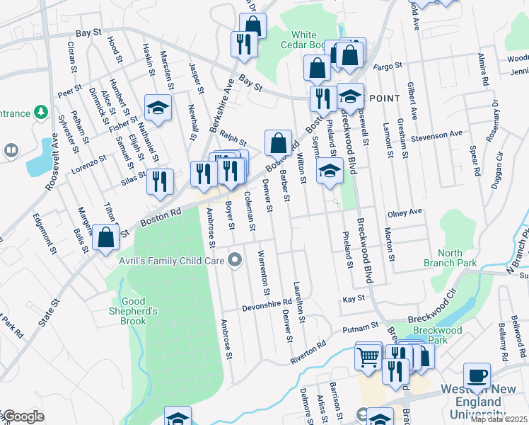 map of restaurants, bars, coffee shops, grocery stores, and more near 64 Denver St in Springfield