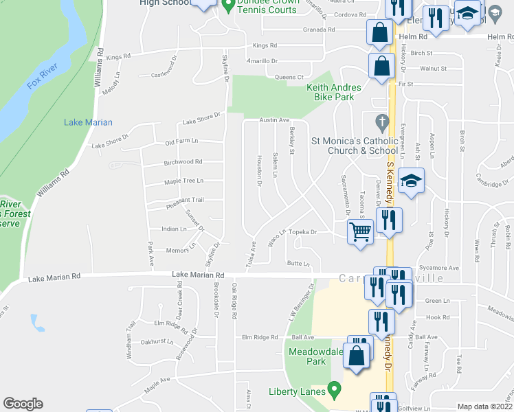 map of restaurants, bars, coffee shops, grocery stores, and more near 706 Houston Drive in Carpentersville