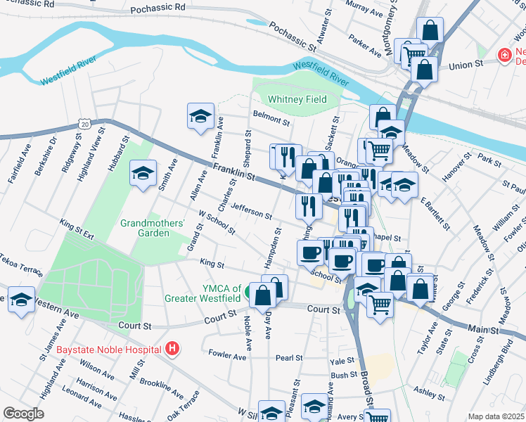 map of restaurants, bars, coffee shops, grocery stores, and more near 39 Jefferson St in Westfield
