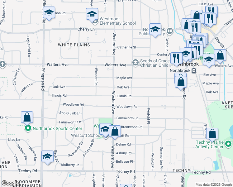 map of restaurants, bars, coffee shops, grocery stores, and more near 2342 Illinois Road in Northbrook