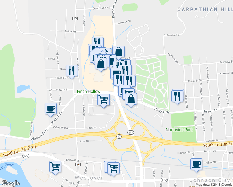 map of restaurants, bars, coffee shops, grocery stores, and more near 533 Harry L Drive in Johnson City