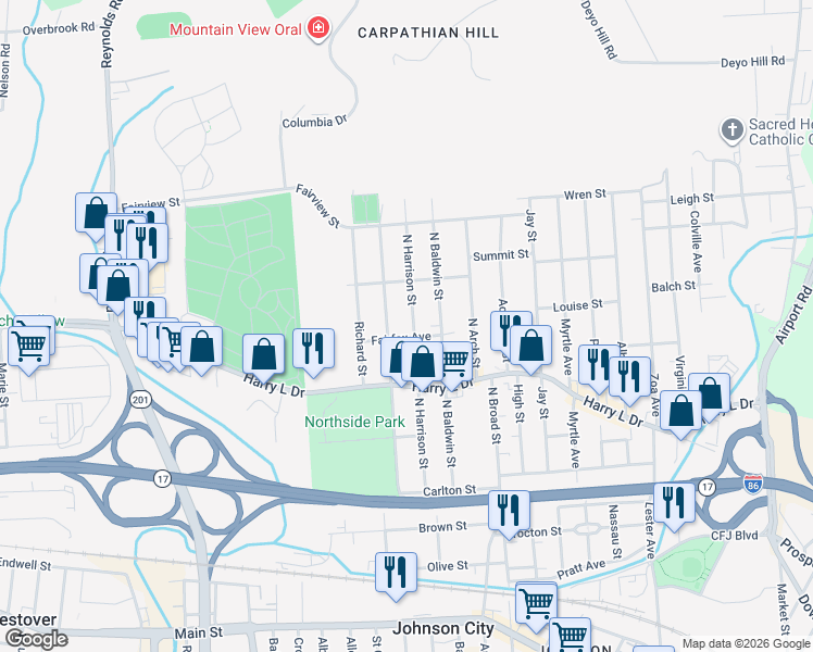 map of restaurants, bars, coffee shops, grocery stores, and more near 147 North Harrison Street in Johnson City