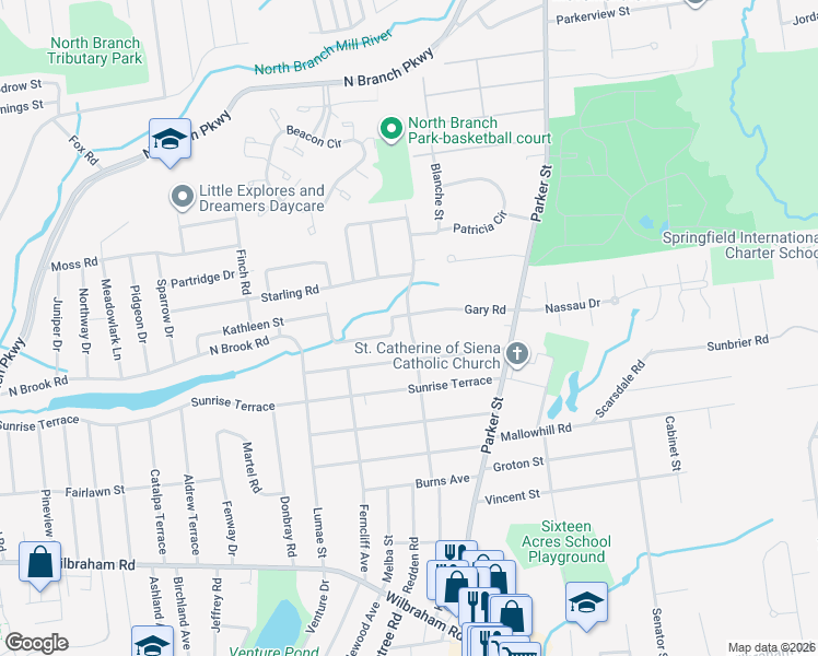 map of restaurants, bars, coffee shops, grocery stores, and more near 156 Bolton Street in Springfield