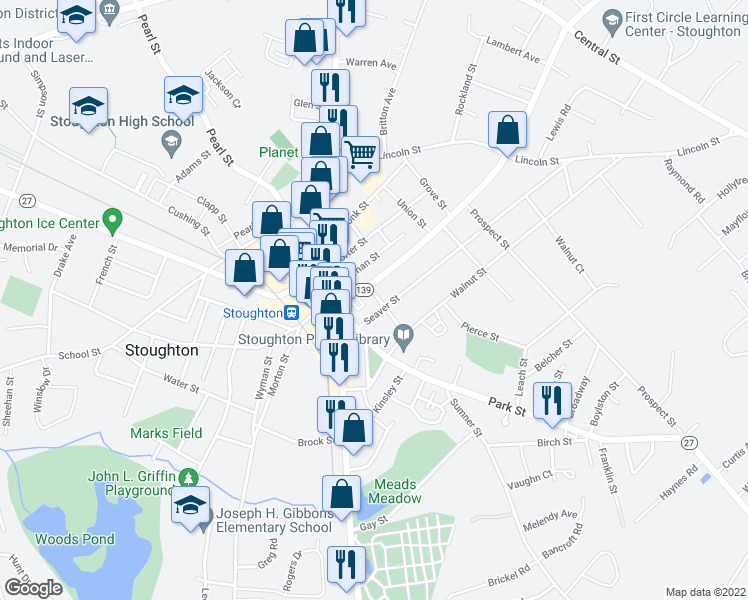 map of restaurants, bars, coffee shops, grocery stores, and more near 15 Capen Street in Stoughton