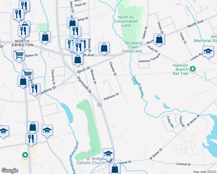 map of restaurants, bars, coffee shops, grocery stores, and more near Stonegate Square in Abington