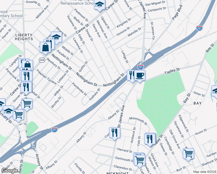map of restaurants, bars, coffee shops, grocery stores, and more near 160 Nottingham Street in Springfield