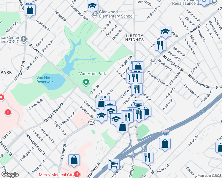map of restaurants, bars, coffee shops, grocery stores, and more near 78 Governor Street in Springfield