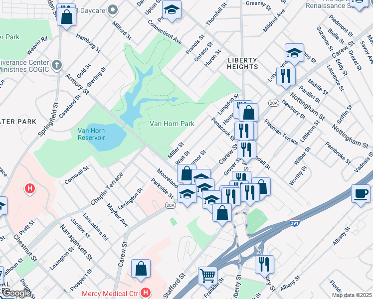 map of restaurants, bars, coffee shops, grocery stores, and more near 52 Wait Street in Springfield