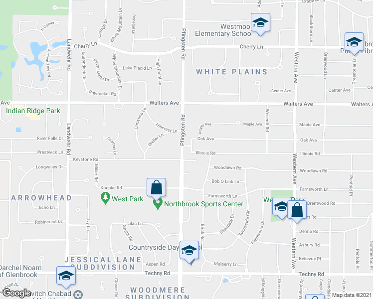 map of restaurants, bars, coffee shops, grocery stores, and more near 1542 Pfingsten Road in Northbrook