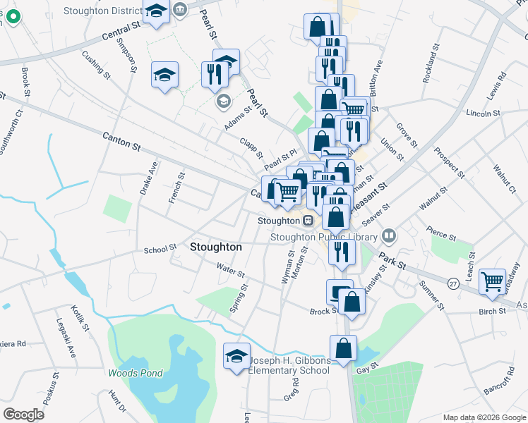 map of restaurants, bars, coffee shops, grocery stores, and more near 81 Summer Street in Stoughton