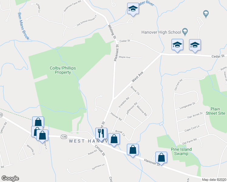 map of restaurants, bars, coffee shops, grocery stores, and more near Pleasant Street in Hanover