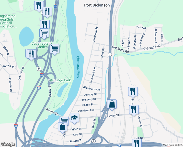 map of restaurants, bars, coffee shops, grocery stores, and more near 23 Roosevelt Avenue in Binghamton