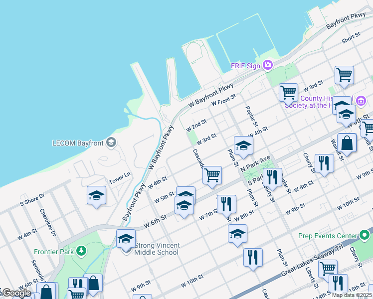 map of restaurants, bars, coffee shops, grocery stores, and more near 1030 Lookout Drive in Erie