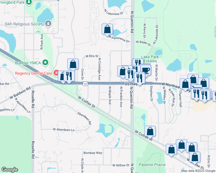 map of restaurants, bars, coffee shops, grocery stores, and more near 776 North Maple Avenue in Palatine