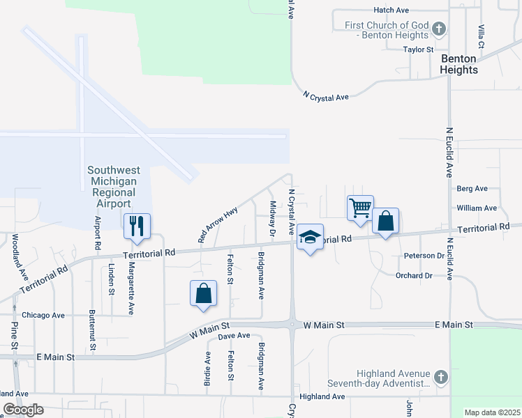 map of restaurants, bars, coffee shops, grocery stores, and more near 591 Bridgman Avenue in Benton Harbor
