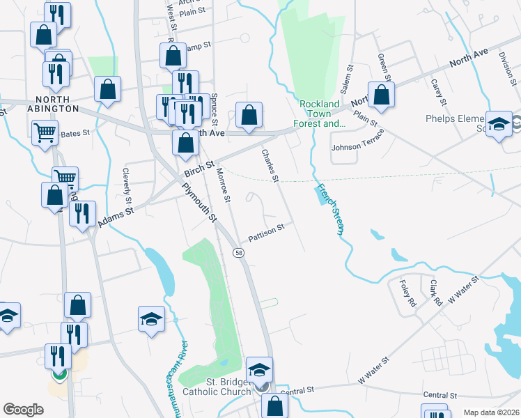 map of restaurants, bars, coffee shops, grocery stores, and more near Stonegate Square in Abington