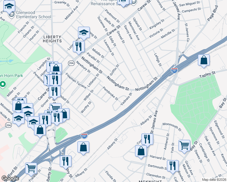 map of restaurants, bars, coffee shops, grocery stores, and more near 59-61 Pembroke Street in Springfield