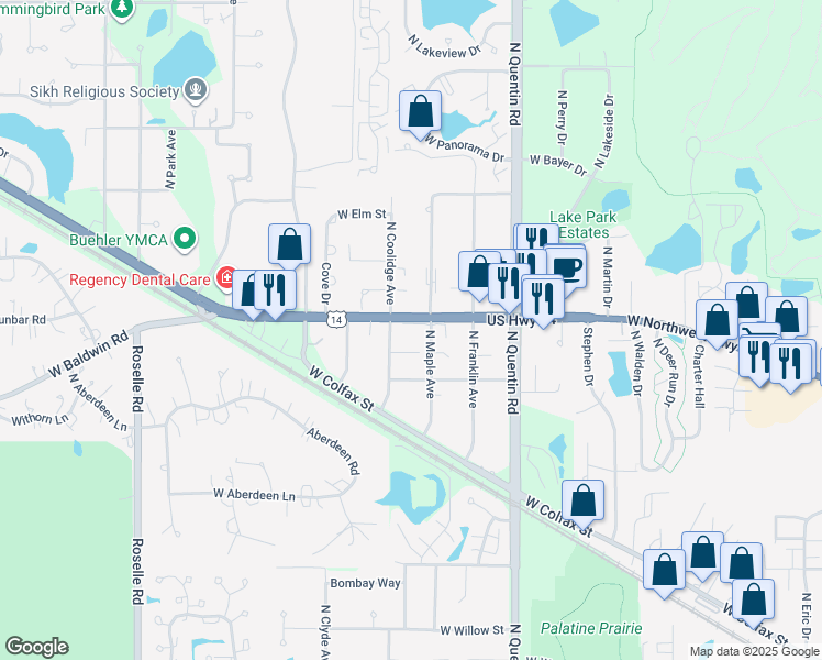 map of restaurants, bars, coffee shops, grocery stores, and more near 776 North Maple Avenue in Palatine