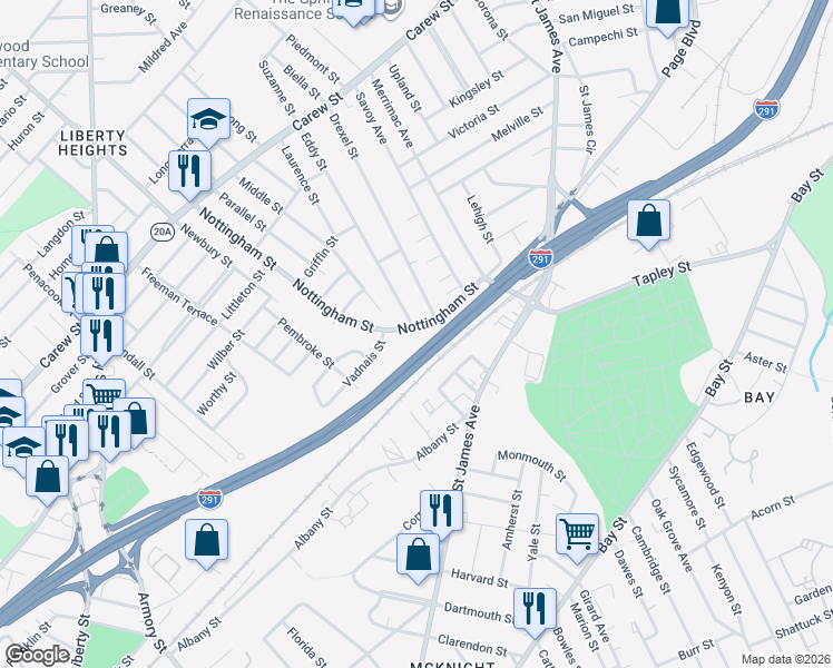 map of restaurants, bars, coffee shops, grocery stores, and more near 160 Nottingham Street in Springfield