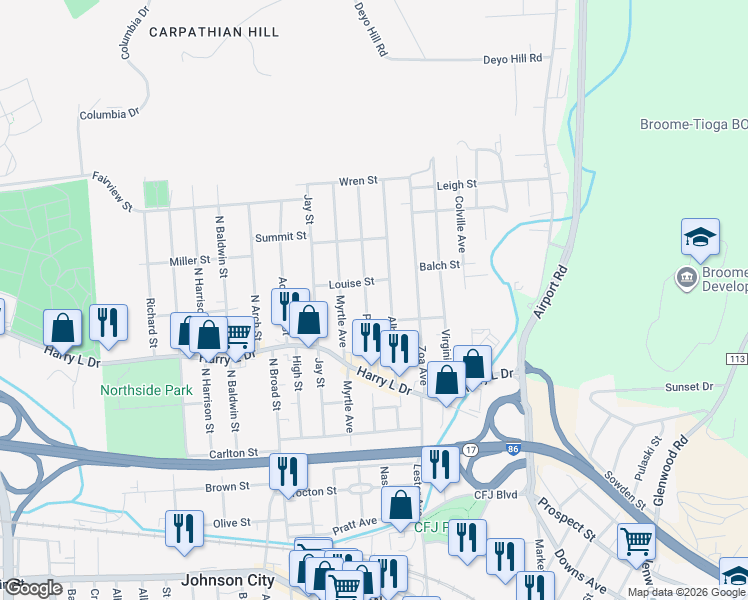 map of restaurants, bars, coffee shops, grocery stores, and more near 72 Pearl Avenue in Johnson City