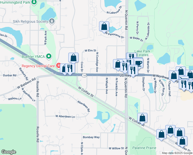 map of restaurants, bars, coffee shops, grocery stores, and more near 1009 West Northwest Highway in Palatine