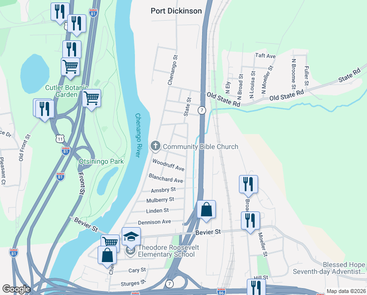 map of restaurants, bars, coffee shops, grocery stores, and more near 671 State St in Binghamton