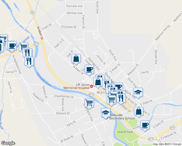 map of restaurants, bars, coffee shops, grocery stores, and more near 36 Central Place in Wellsville