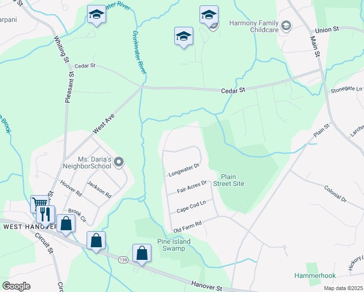 map of restaurants, bars, coffee shops, grocery stores, and more near 40 Longwater Drive in Hanover