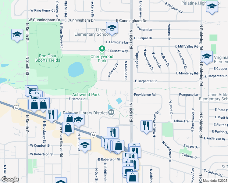 map of restaurants, bars, coffee shops, grocery stores, and more near 232 East Rimini Court in Palatine