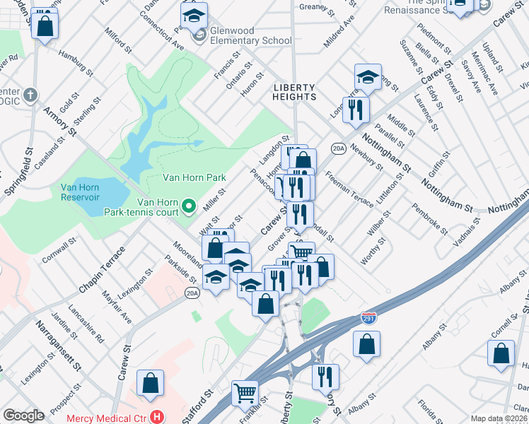 map of restaurants, bars, coffee shops, grocery stores, and more near 19 Mystic Street in Springfield