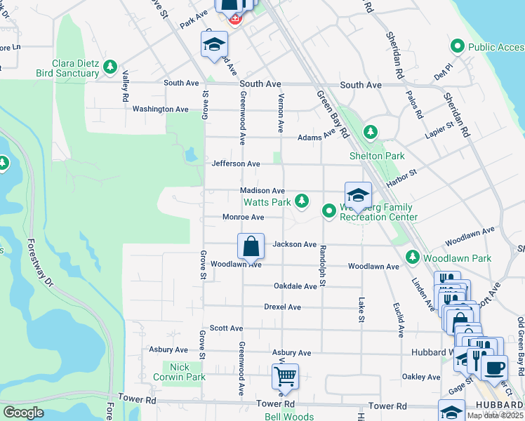 map of restaurants, bars, coffee shops, grocery stores, and more near 491 Monroe Avenue in Glencoe
