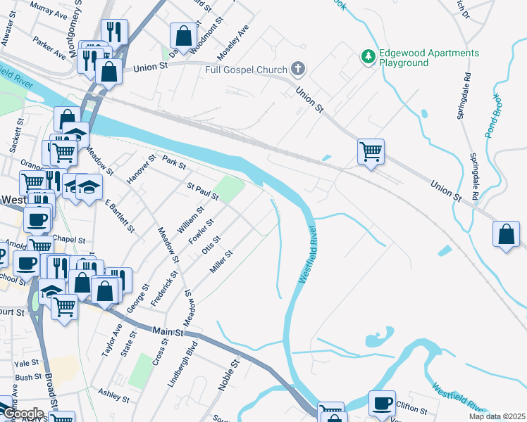 map of restaurants, bars, coffee shops, grocery stores, and more near 144 Miller St in Westfield