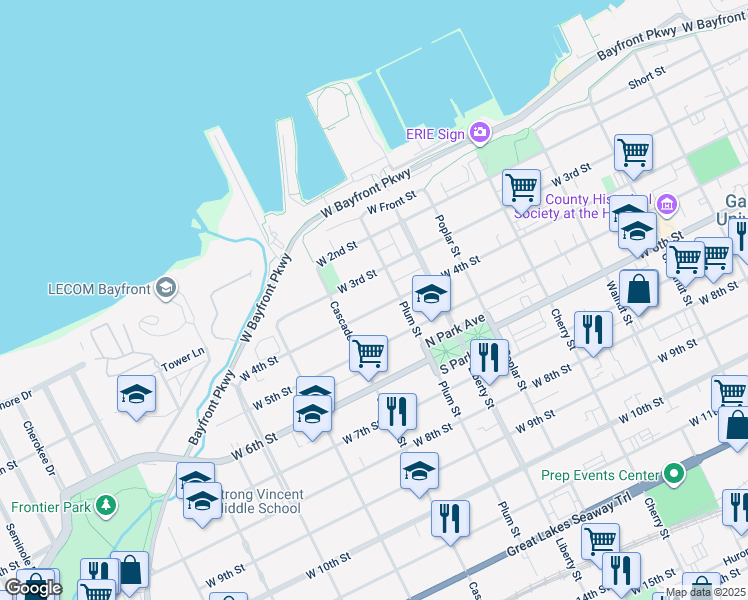 map of restaurants, bars, coffee shops, grocery stores, and more near 926 West 4th Street in Erie